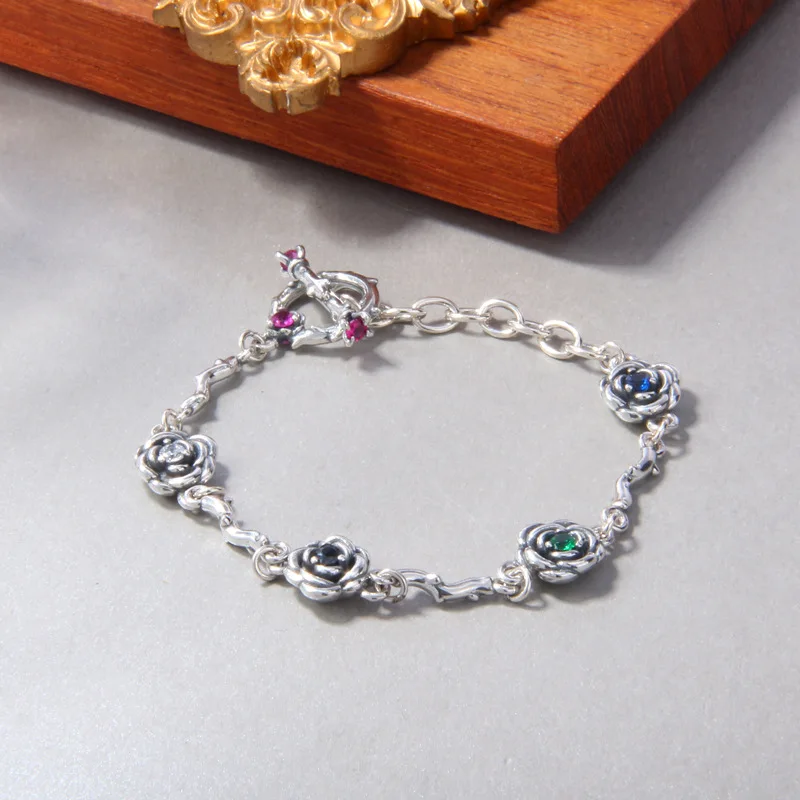 BOCAI New S925 Sterling Silver Colored Zircon Roses Thorns OT Buckle Bracelet Female Valentine's Day Gift.