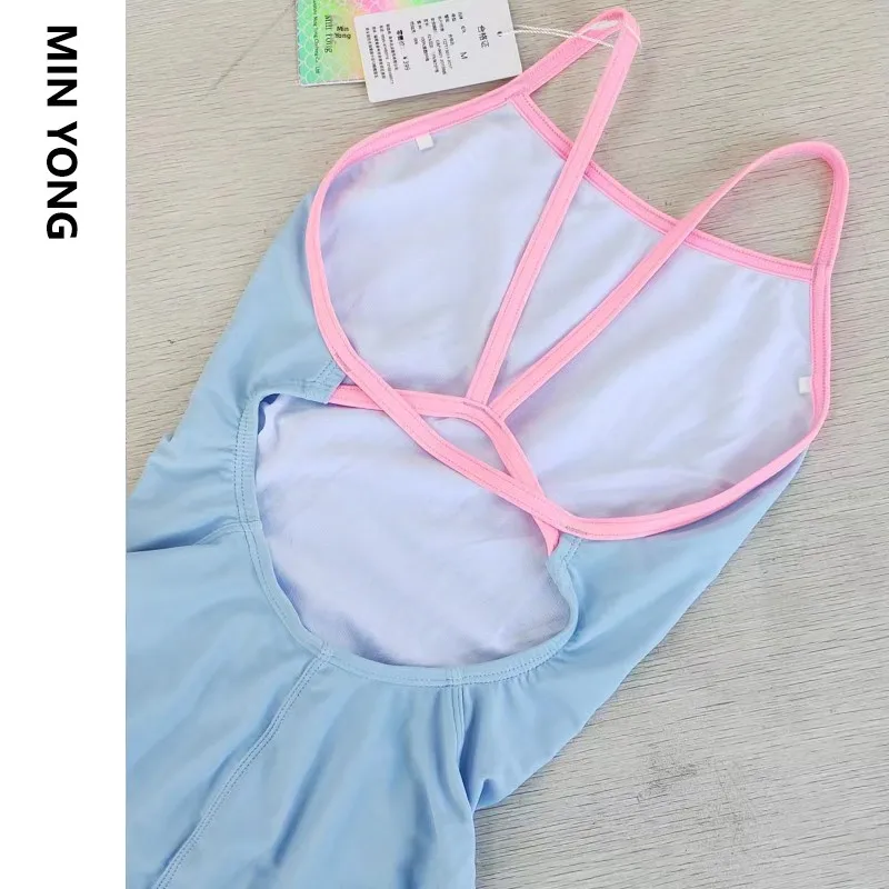 Traje de Baño Profesional de Una Pieza Triangular para Mujer, Color Puro, Tirantes Finos, Cetición, Doble Capa, Abertura M...