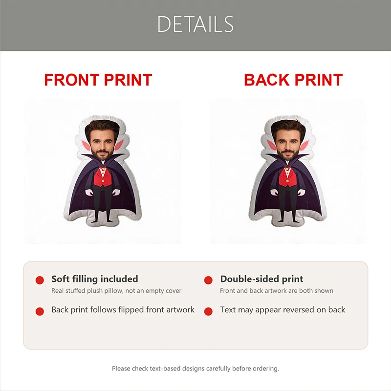 Custom Photo Vampire Costume Shaped Pillow, Personalized Face with Cape & Bunny Ears Decorative Cushion, Funny Halloween Style H