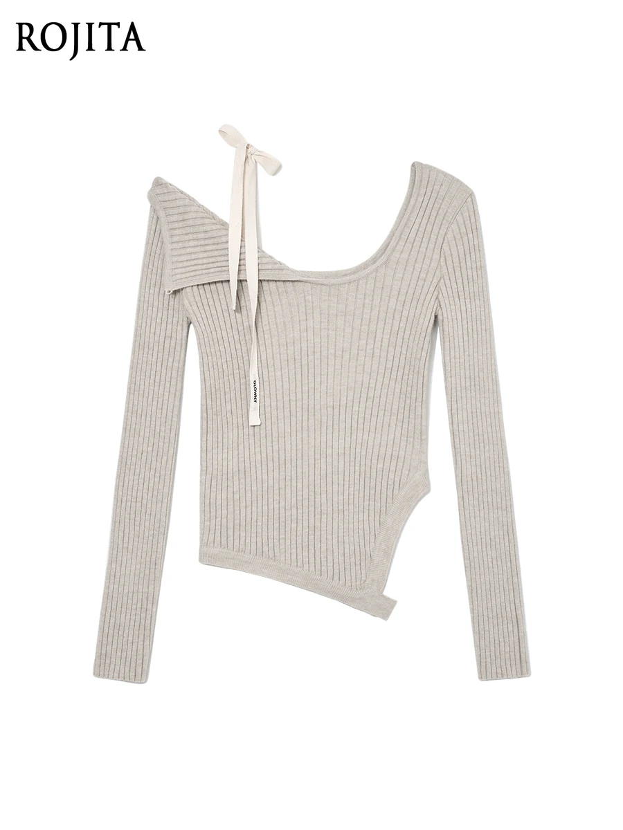 Kolor owsianki, sznurowany, dziergany top, niszowy, słodko-pikantny styl, sweter z odkrytymi ramionami, warstwa bazowa, moda damska, topy damskie 2025.