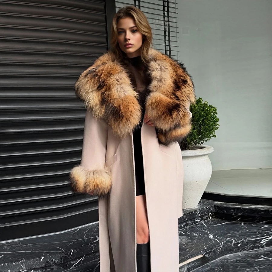 

Cashmere Wool Fur Jacket With Fur Trim Genuine Raccoon Fur Coat Women's Woolen Winter Coat Best Selling Long Trench Coats