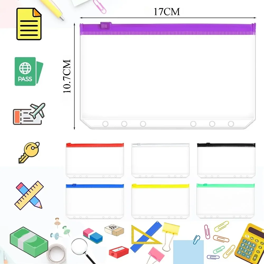 2-24Pcs Clear Binder Pockets A6 6-Hole Waterproof PVC Organizer Cash Budget Envelopes Zipper Binder Pouches for Notebook Planner