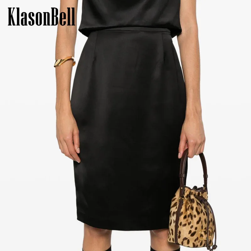 8.11 KlasonBell Women Clothes Elegant All-matches Satin Pencil Skirt Fashion Black High Waist Side Zipper Knee-Length Skirt