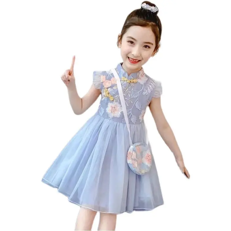 Girls Dress Summer Clothes Hanfu New Fashion Children's Vintage Net Yarn Dress Kids Girls Dresses for School Wedding of 12 Years