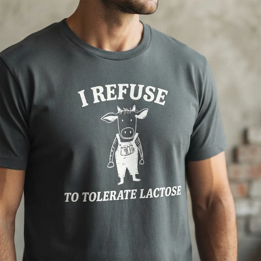 Mens I Refuse To Tolerate Lactose Graphic T Shirts Funny Cow Overall Print Humor Slogan Casual Short Sleeve Crew Neck Top
