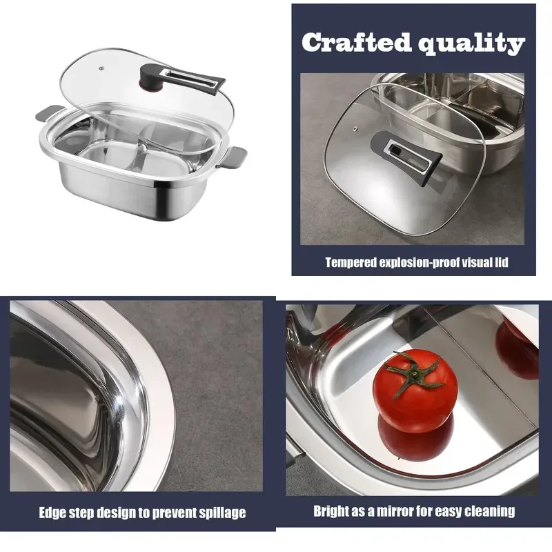 Modern 304 Stainless Steel Square Soup Pot with Glass Lid Double Bottom Large Capacity for Buffet Camping Gas Induction