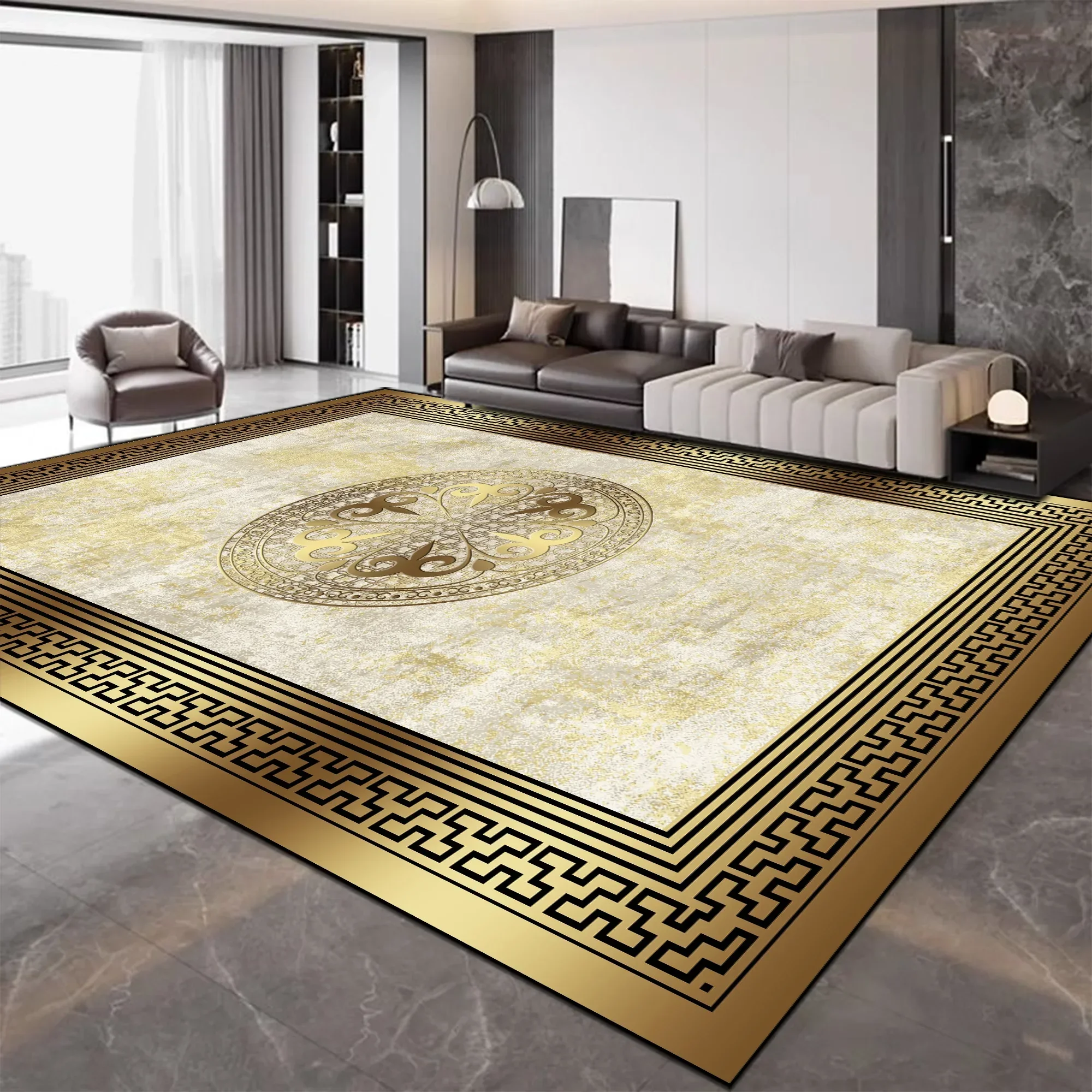 European Luxury Large Living Room Carpet Golden Fashion Decoration Home Sofa Side Floor Mats Non-slip Washable Rugs for Bedroom