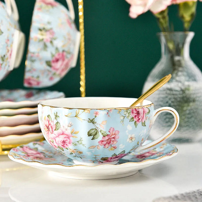 5 Colors Ceramic Coffee Cup Saucer Spoon One Set Flower Tea Cup Set European Porcelain Cup and Saucer For Coffee Mug Gift