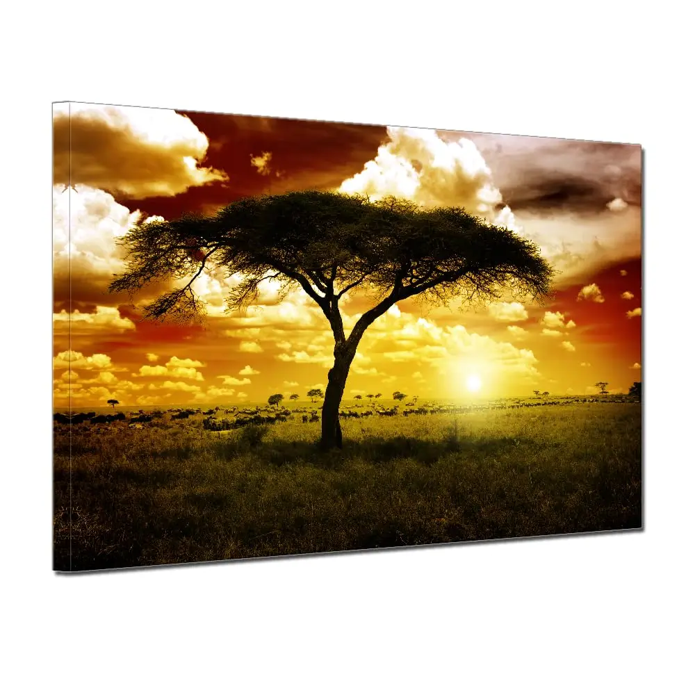

African Trees Landscape Living Room Bedroom Canvas Wall Art Earth Tones Sunset Animal Artwork For Hallway Sofa Wall Decor Frame