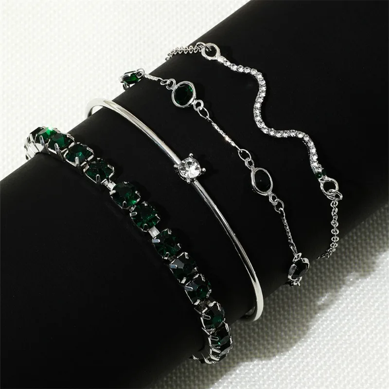 Fashion Green Grandmother Water Diamond Elastic Bracelet Women's 4pcs/Set High end Snake like Metal Personalized Bracelet Jewelr