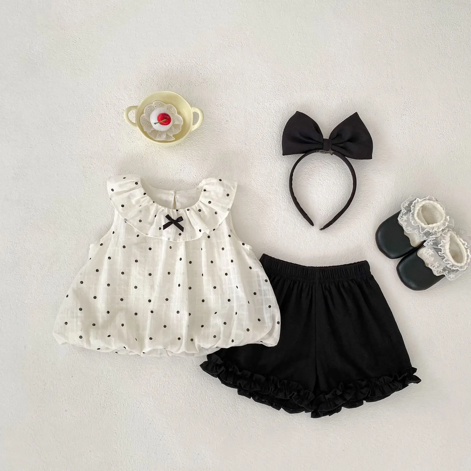2026-new-women's-clothing-cute-polka-dot-bow-sleeveless-vest-shorts-set-for-girls-summer-two-piece-set