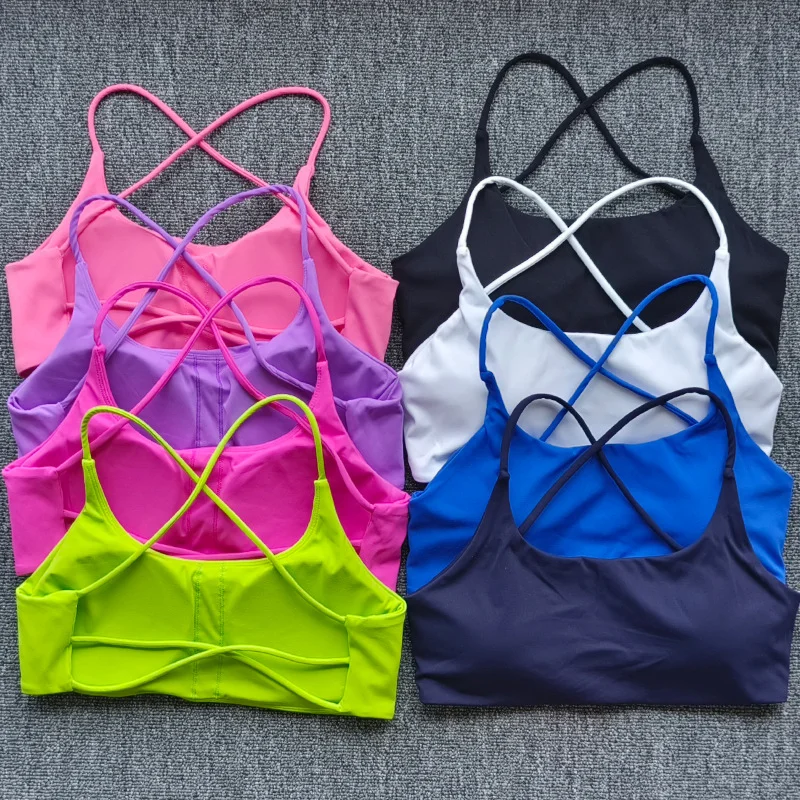 Sexy Soft Fitness Sport Bra Spaghetti Strap Cross Back Hollow Women Top Tight Gym Yoga Underwear Athletic Workout with Chest Pad