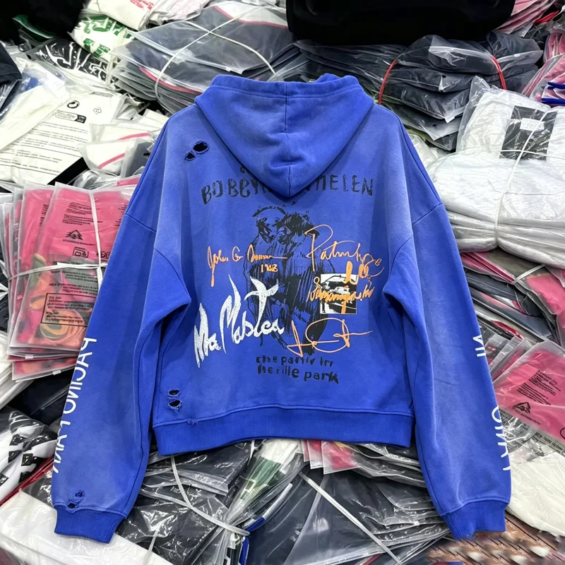 Washed Blue Paly Hole Damaged Hoodie Hand Worn Out Dropped Shoulder Hooded Sweatshirts Men Women High Quality Loose Pullovers