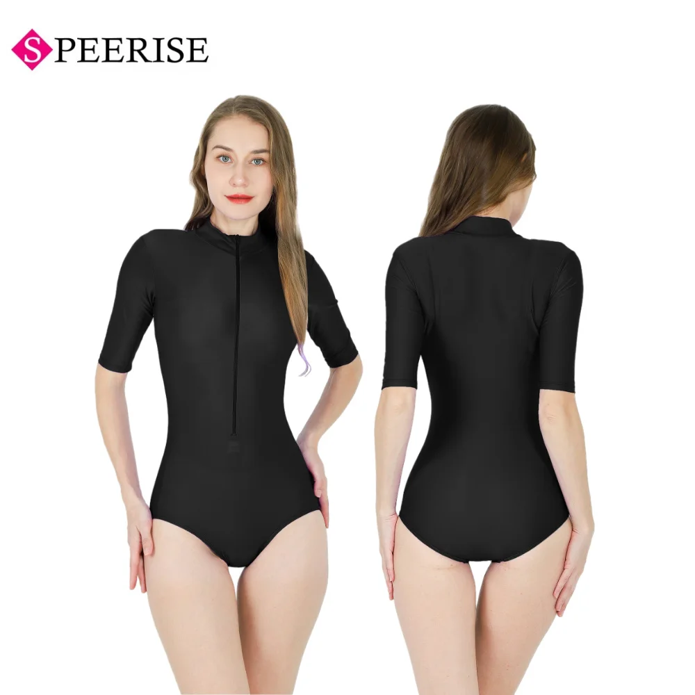 

Adult Black 1/2 Long-Sleeved Ballet Dance Leotard Gymnastics Suit Front Zip Nylon Bodysuit Skinny Workout Stage Costume
