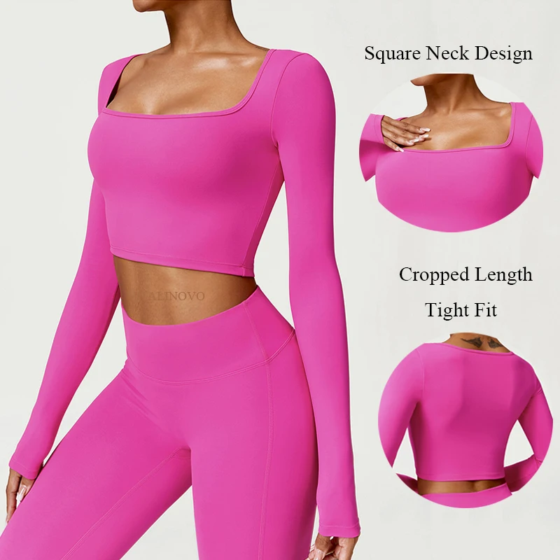 VITALINOVO Women's Workout Square Neck Crop Top Long Sleeve Basic Slim Fit Cropped T Shirts Athletic Yoga Compression Gym Shirt