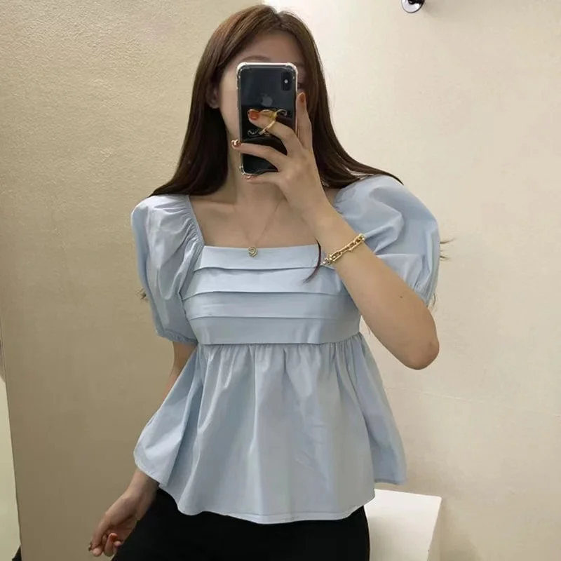 Fashion New Short Sleeve Women Blouses Square Neck Puff Sleeve Shirt Elegant Casual Short Tops Summer