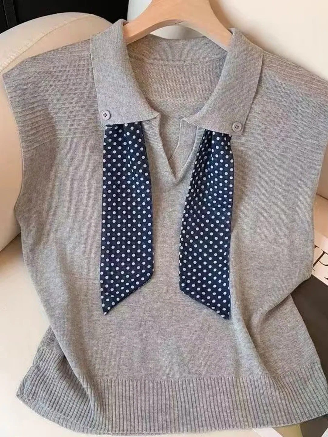 

Korean Sle Ne T-irt Women's Faionable Turn-down Collar Silk Scarf Design Knitted Thin Svel Top Summer New ...