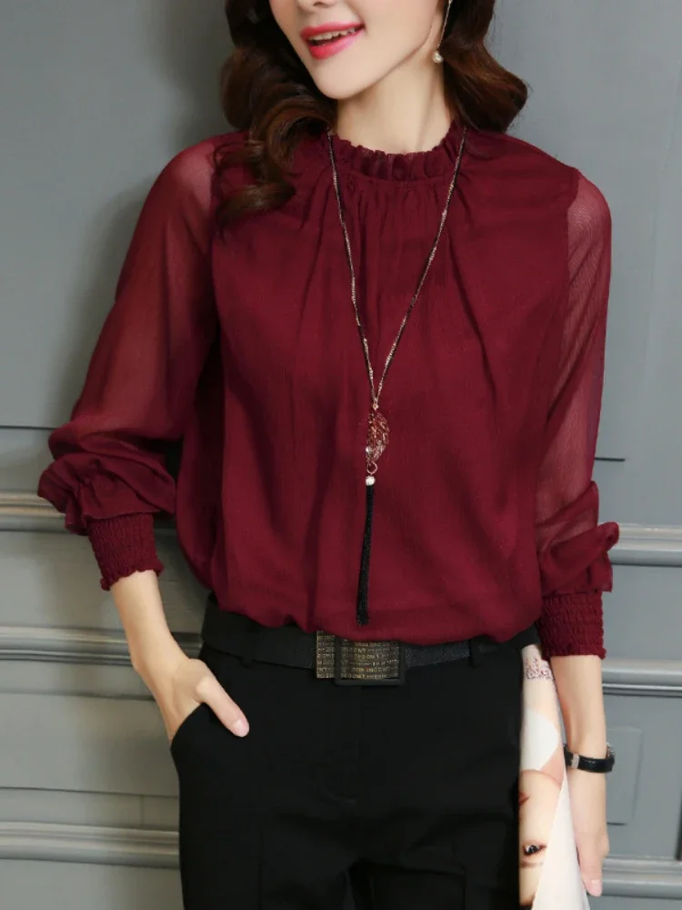 Blusa de gasa nuevas para mujer, Tops de manga larga con cuello levantado, camisas para Ropa de Trabajo, blusas informales elegantes para mujer,