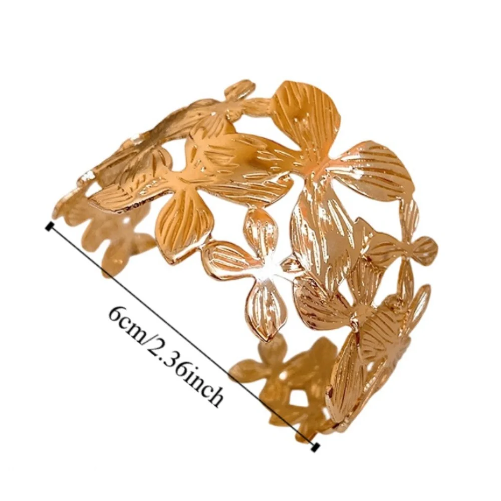 ประณีตดอกไม้กําไลข้อมือทอง/เงิน Flora Design Hollow กําไลข้อมือหล่อเทคนิคกว้างเปิดสร้อยข้อมือผู้หญิงเครื่องประดับ