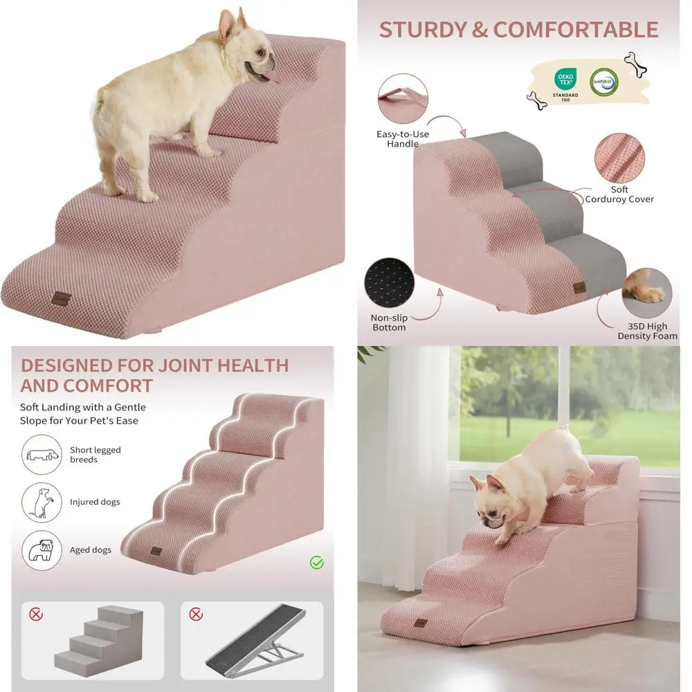 

5-Step Pet Ramp for High Beds, 22.8 High, Foam Steps for Small Dogs and Cats, Non-Slip, Pink