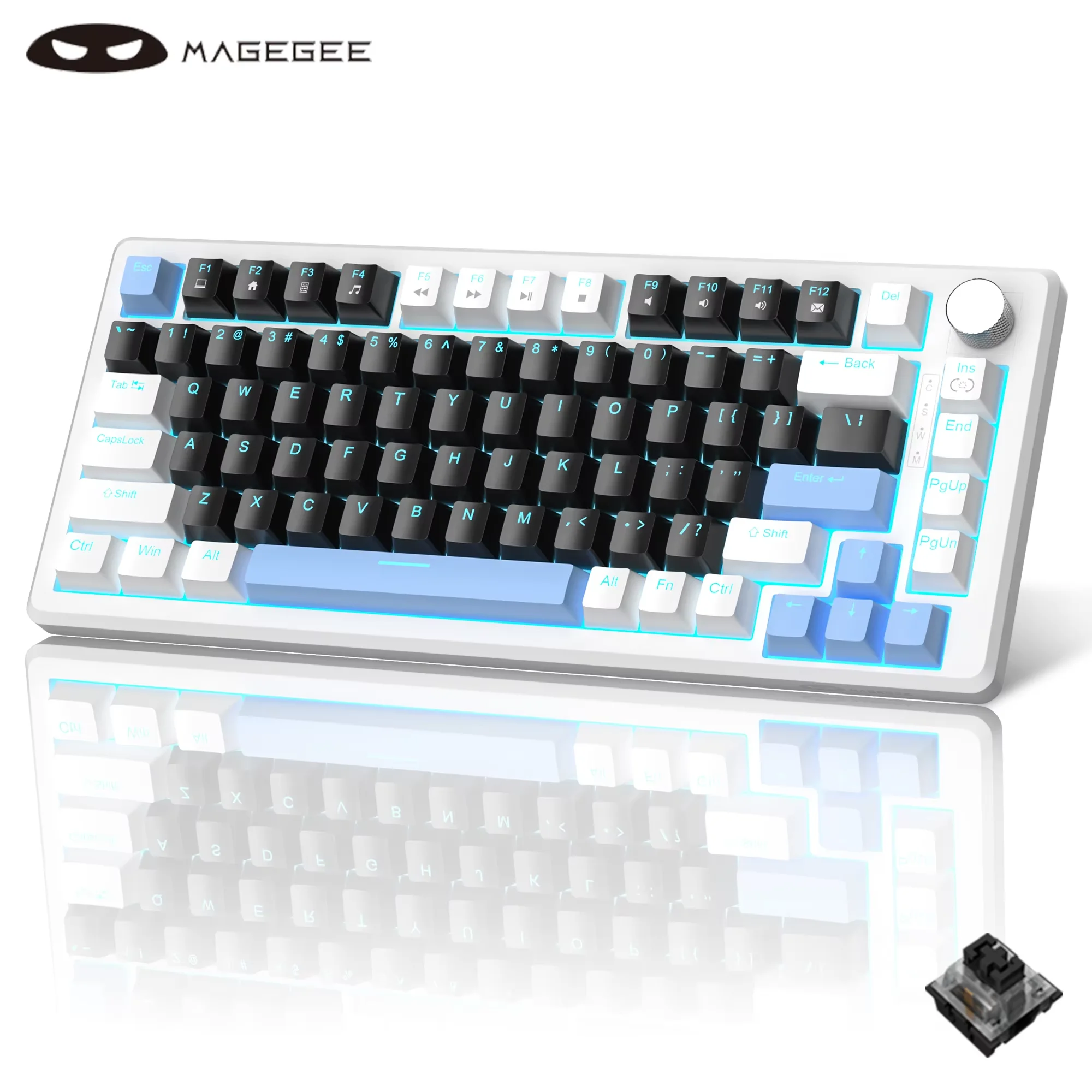 MageGee 75% mechanisch gamingtoetsenbord met knopbediening, blauw verlicht bedraad gamingtoetsenbord rood/gele schakelaar voor pc Windows