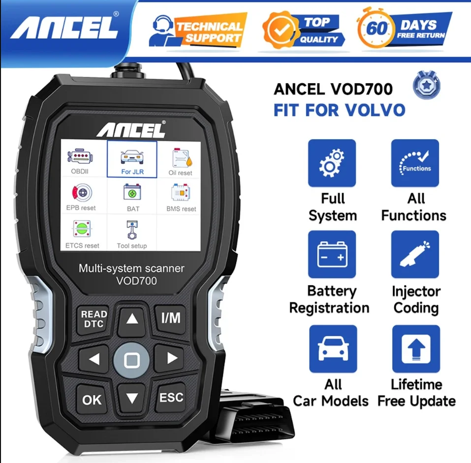 Scanner ANCEL VOD700 OBD2 pour lecteur de code de voiture Volvo, outil de diagnostic, purge des injecteurs, ABS, huile, ETC, BMS, EPB, TPMS, réinitialisation D-P-F