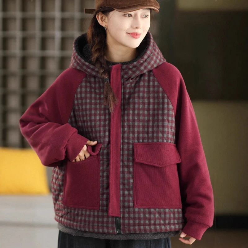 

Толстые теплые стеганые повседневные пальто, Новое поступление, зима 2025 года, простой стиль, винтажные клетчатые женские парки с большими карманами и капюшоном M2040