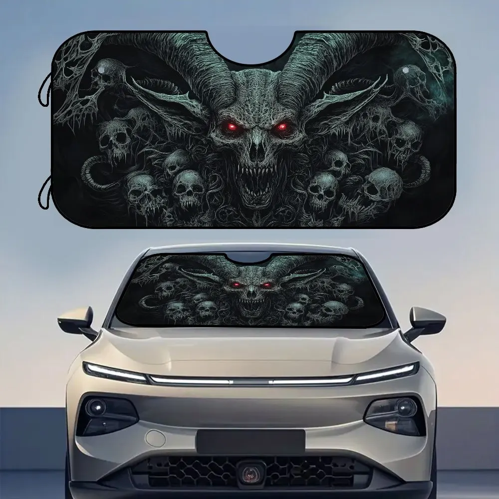 

1pc Gothic Devil Horned Design Front Windshield Sunshade - Foldable Polyester Car Visor With Red Eyes & Skulls, Enhances Interio