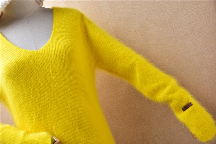 Female Women Autumn Winter Clothing Yellow Hairy Angora Rabbit Hair Knitted V-Neck Long Sleeves Slim Long Sweater Dress Jumper