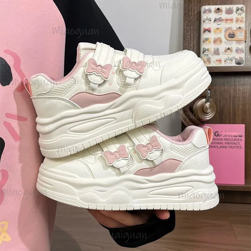 Niedliche Plateau-Sneaker mit Schleifendekoration, Klettverschluss und klobiger Sohle, bequeme Kawaii Dad Sneakers für Damen