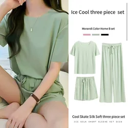 Ice Silk Pyjamas Three-Piece Set of Women's Homewear Trousers Simple Leisure and Comfortable Loose Short-Sleeved Shorts Suit