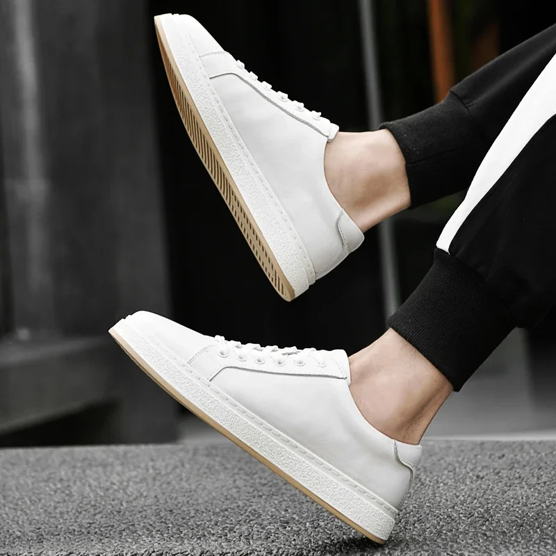Chaussures de skate pour hommes en cuir véritable – Baskets de marche souples, décontractées et tendance_voghion.com