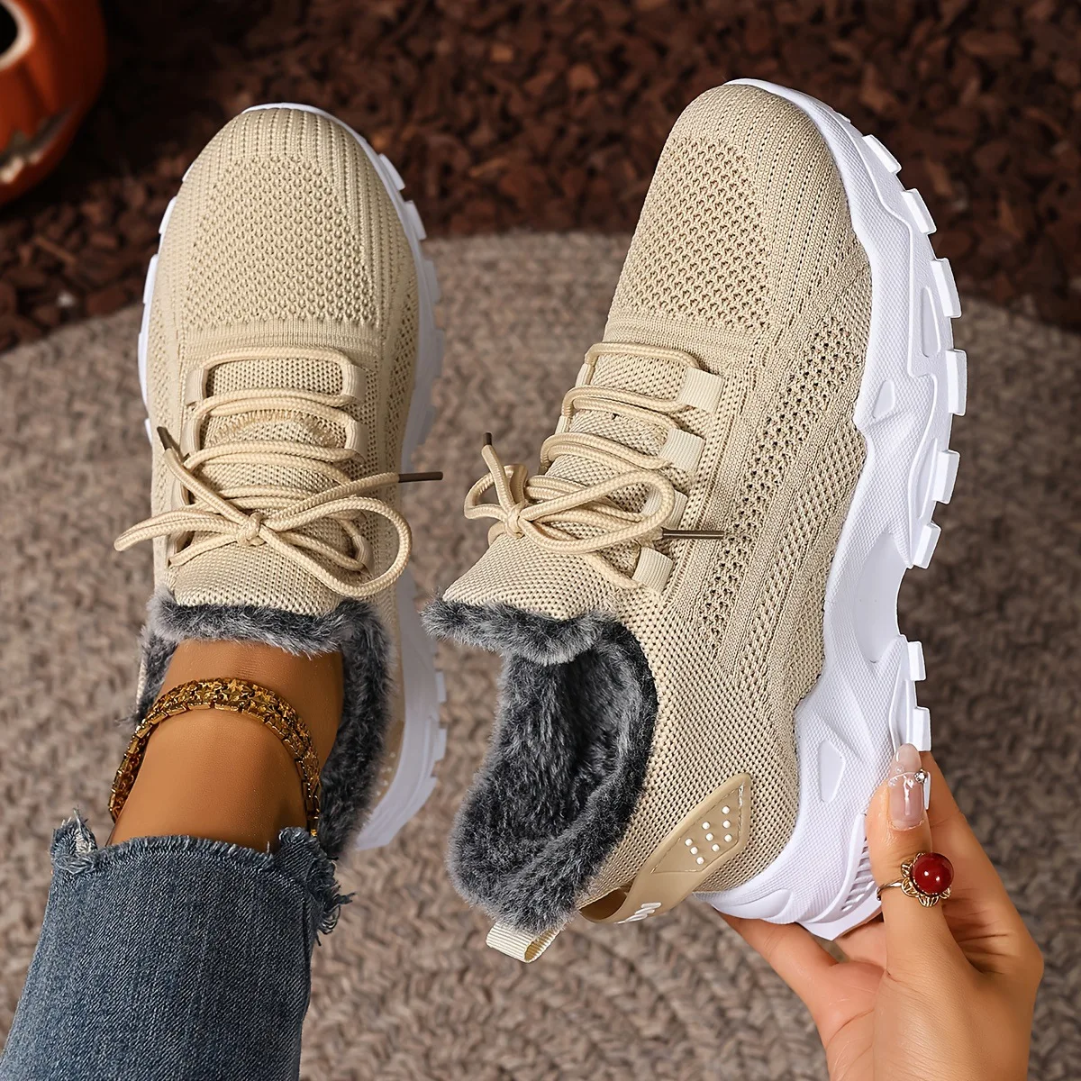 Damen Winter-Thermosneaker aus Strickstoff mit Schnürung, Plüschfutter, rutschfester dicker Plateausohle, Outdoor-Wanderschuhe, Freizeitschuhe – Detail 6