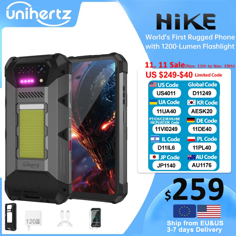 Unihertz 8849 Hike Smartphone Android 14 With 200 Meter Flashlight LED 23800mAh 24GB 512GB Dual Speaker Helio G200 IP68/IP69K 4G