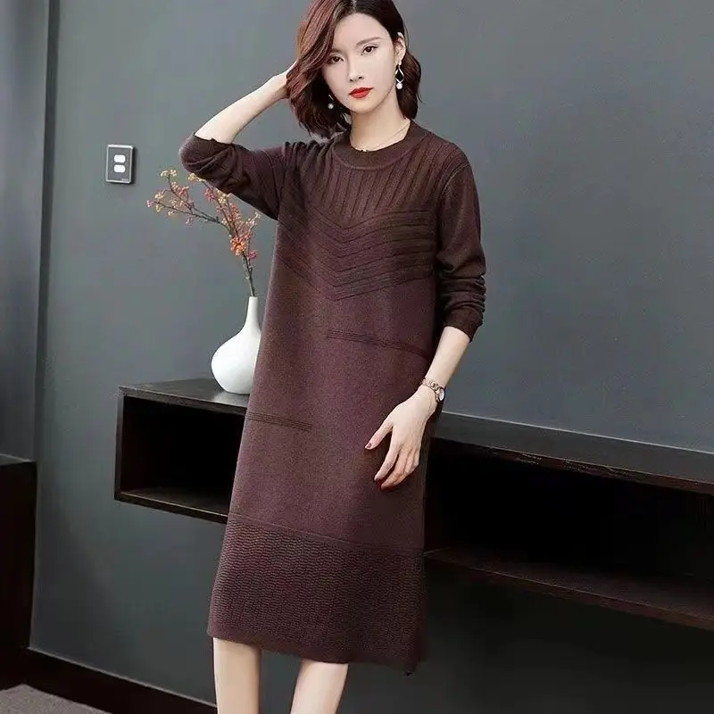 Women's Knit Sweater Dress Knee Length 2026 Spring Autumn New Elegant Mid-Length Base Layer Dress