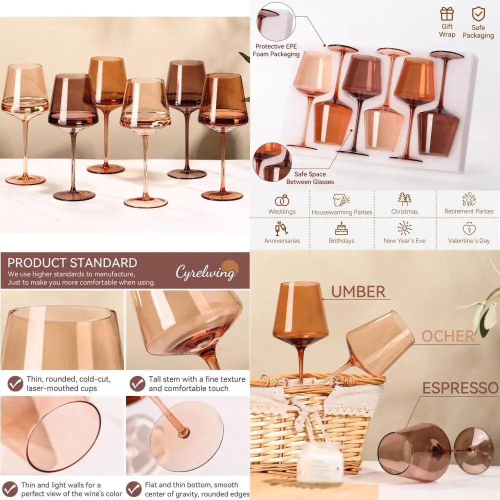 

Набор из 6 бокалов для вина ручной работы с янтарным хрустальным стеблем на 18 унций — идеально подходят для осенних, осенних и зимних сезонов.