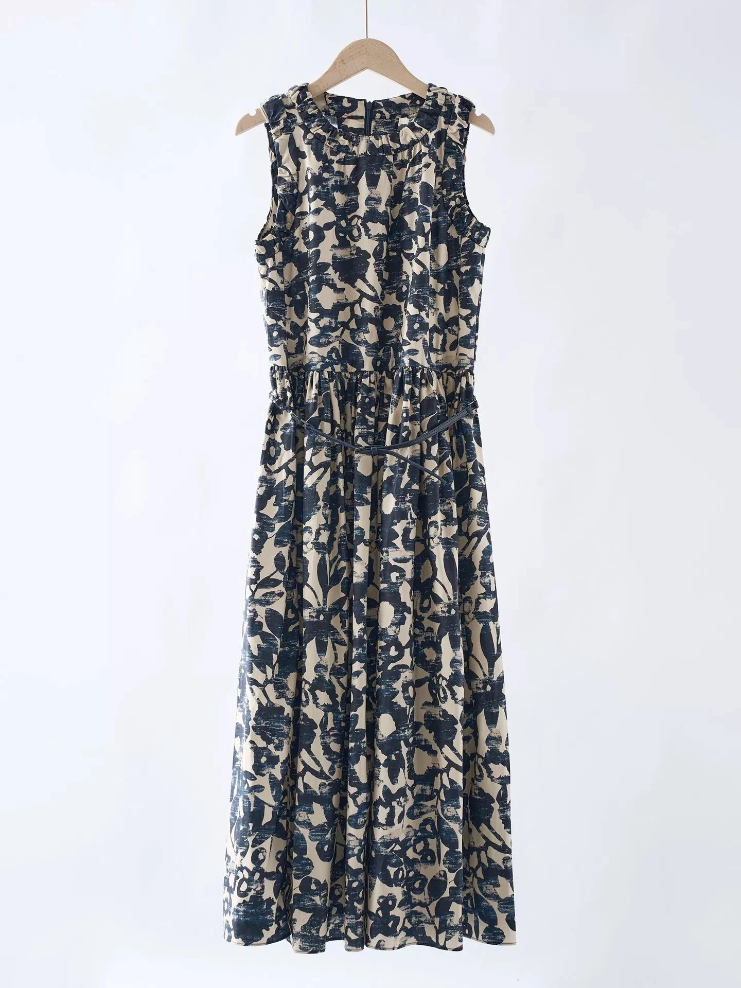 

Retro Floral Print Women Tank Dress Round Neck Sleeveless Fashion Lady Midi Dresses with Belt Female Clothing