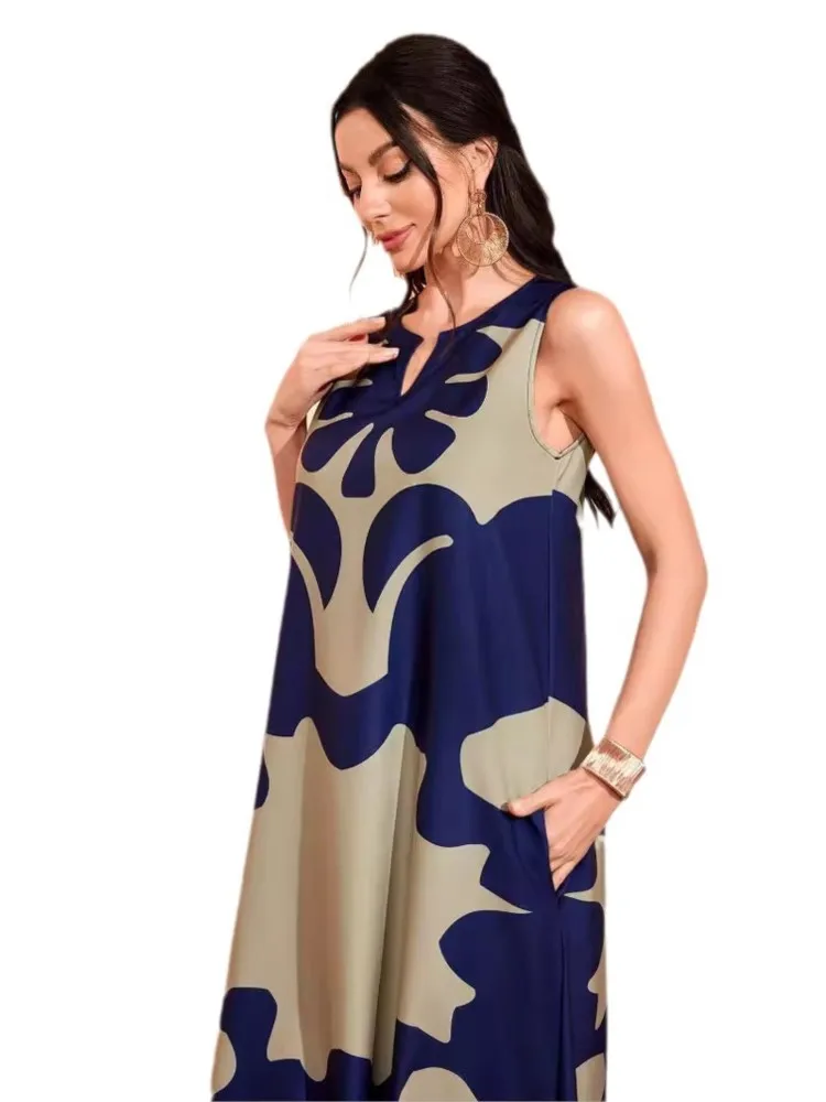 여성용 뉴 빈티지 캐주얼 프린트 드레스 봄 여름 우아한 브이넥 민소매 파티 맥시 드레스 여성 보헤미안 루즈 드레스