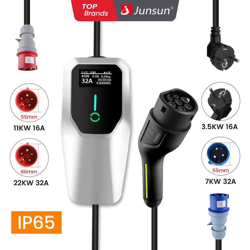 Junsun Type 2 EV Charger IP65 Fast 3.6KW/7KW/11KW/22KW 6A/8A/10A/13A/16A/20A/24A/32A Adjustable Portable Electric Vehicle Charging Station with Touch Control, Timer Charging, Scheduled Charging Weatherproof 2-Year Warranty Compatible with All Type 2 EVs