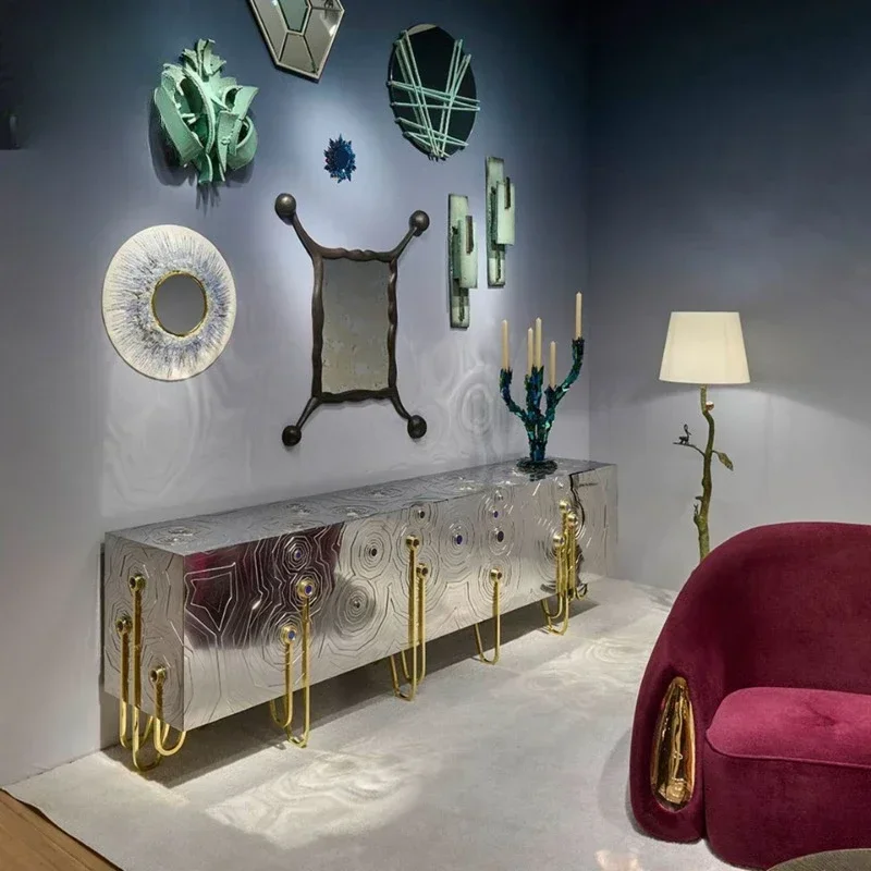 Легкие роскошные изысканные высококачественные боковые шкафы из нержавеющей стали с зеркальной гравировкой, шкафчики