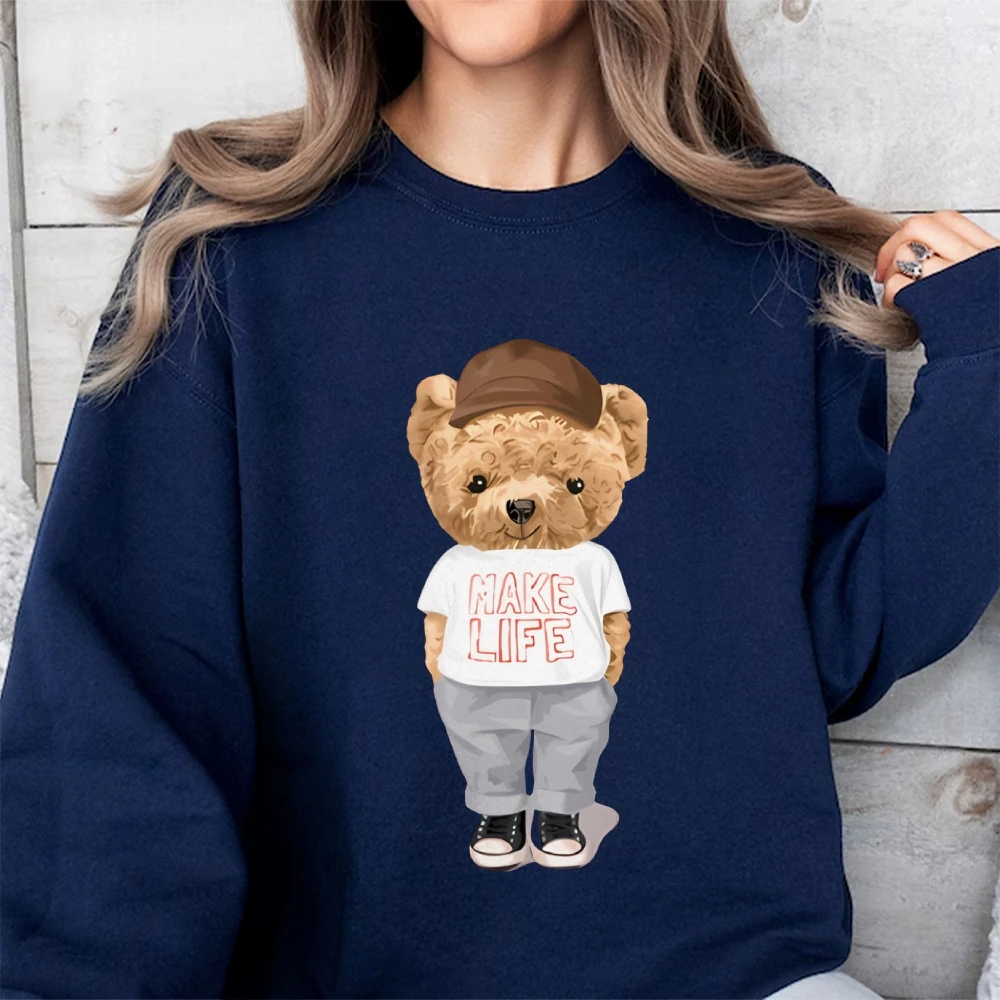 Make Life Cute Bear Women’s Autumn Winter Sweatshirt Funny Cool Long Sleeve Top Women Fun Bear Print O Neck Cotton Lady Tops