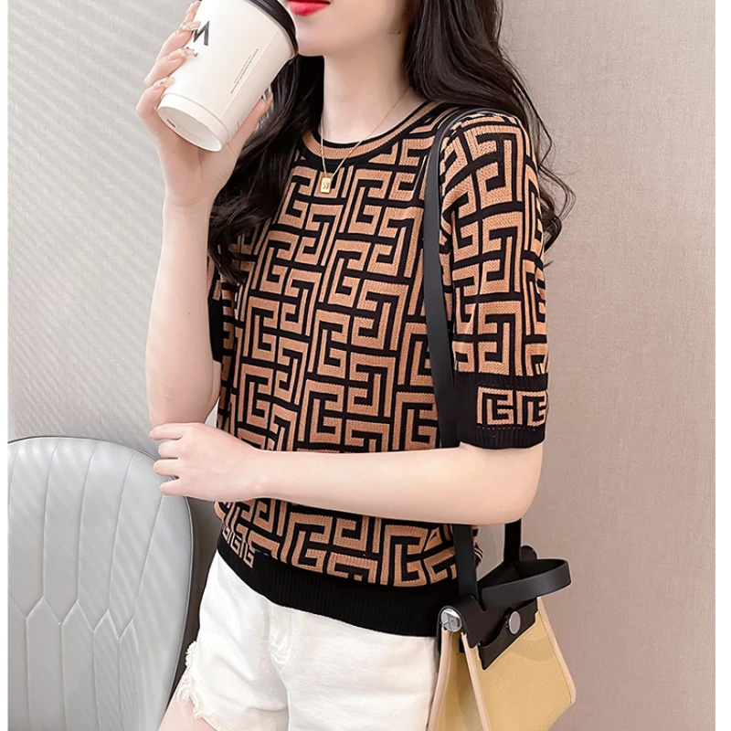 2024 New Fashion Contrast Jacquard Plaid Women Tops Short Sleeve Knitted TShirts Loose Retro Office Ladies Clothes ropa de mujer