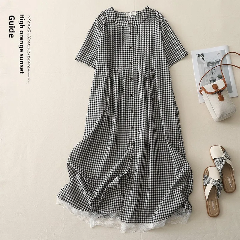 

Retro Summer Lace Plaid Splice Long Dr Women's Loose Fit Knee-Length plus Size Overbust Gingham Pattern Single Button