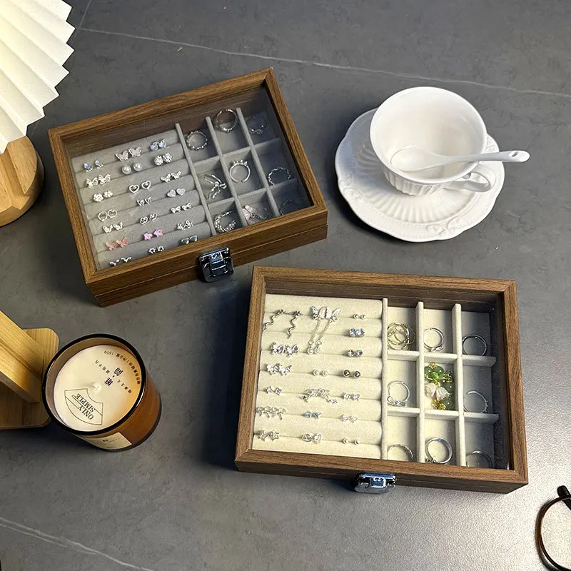 Jewelry Display Box Storage Cover for Rings Nelaces Earrings High-End Small Hand Jewelry Box Bla Walnut Pattern