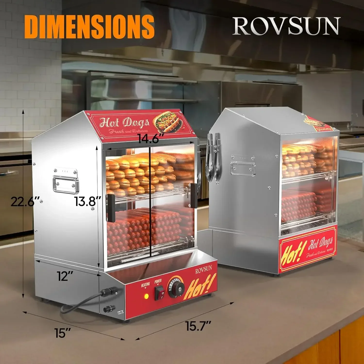 ROVSUN 42.3QT/40L Hot Dog Dampfgarer, 2-stöckiger Hüttendampfer Hot Dog Dampfgarer mit Brötchenwärmer Herd 235 Hot Dogs und 50 Brötchen