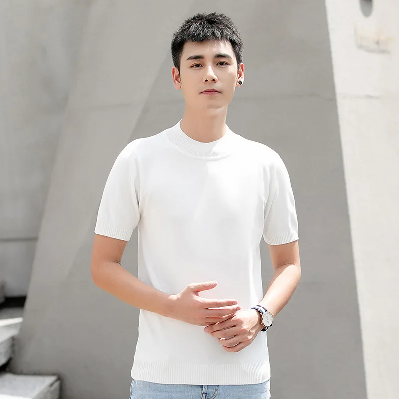 Spring And Autumn Simple Thin Half-Turtleneck Knitted Short-Sleeve Sweater Men Youth Korean Style Trendy Solid Color Pullove