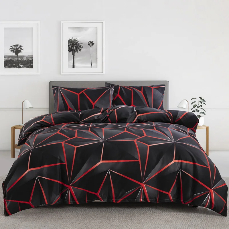 Black Red Geometric Duvet Cover Queen 3D Three Dimensional Geometrical Bedding Set Modern Abstract Neon Line Comforter Cover