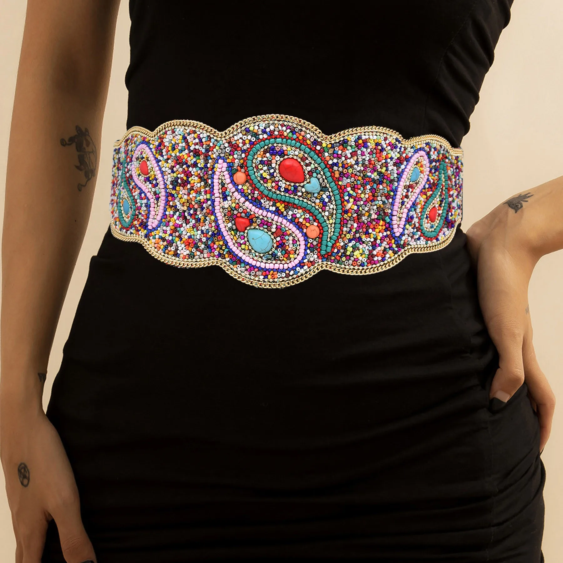 

Красочный бисер, бирюзовый женский пояс, подвески в богемном этническом стиле, турецкая пуговица ручной работы, эластичный пояс, эффектные украшения для тела