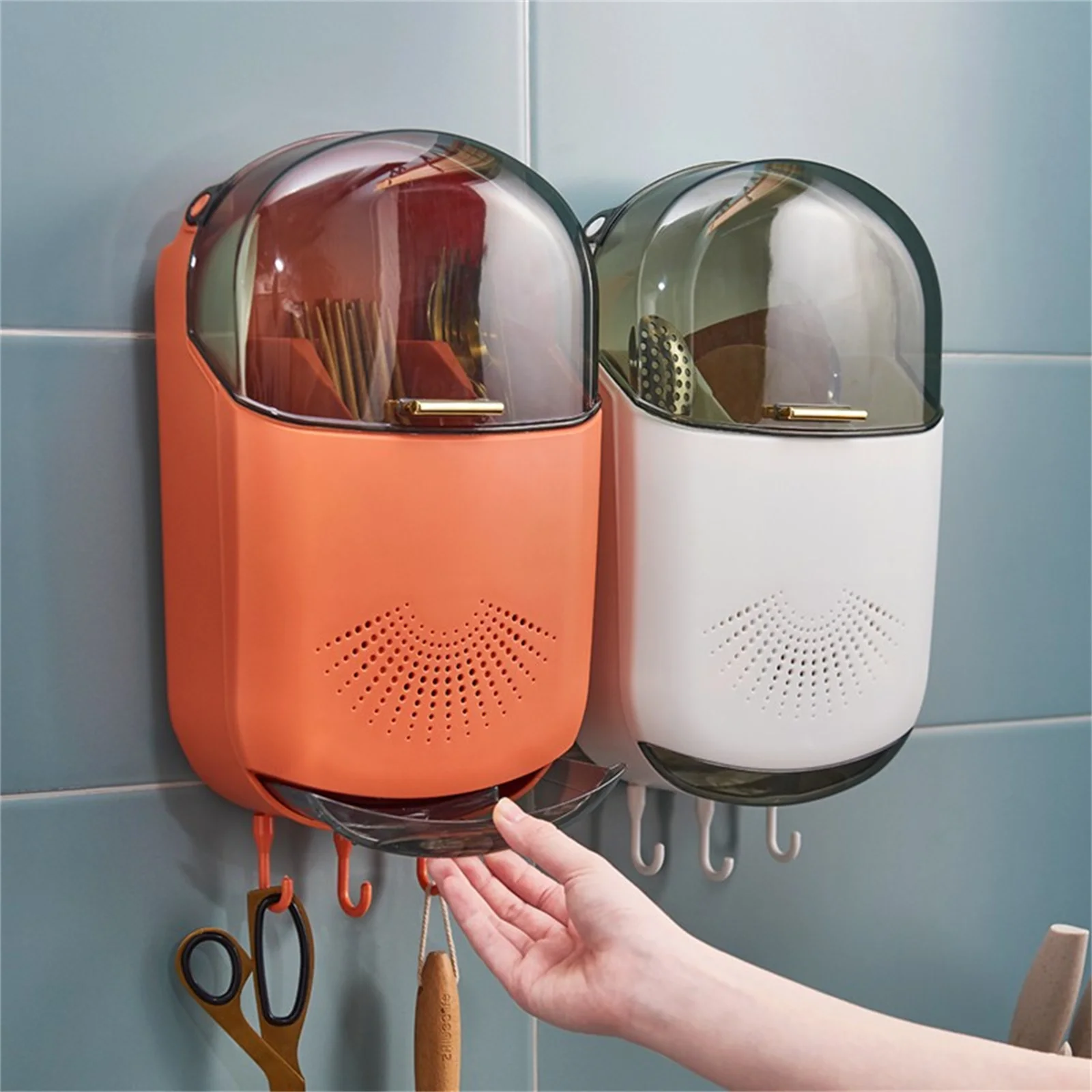 Wall Hanging Chopsticks Box Kitchen Utensil Cutlery Organizer With Drain Holes Bottom Hooks Lid Wall-Mounted Utensils Organizer