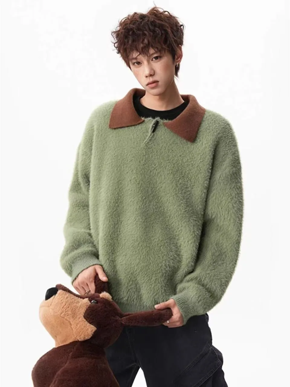 

American Sle Camere Collar Knitted Sweater Men Winter Trend Loose Lazy Feeling Warm Sweater Couple Casual Faion